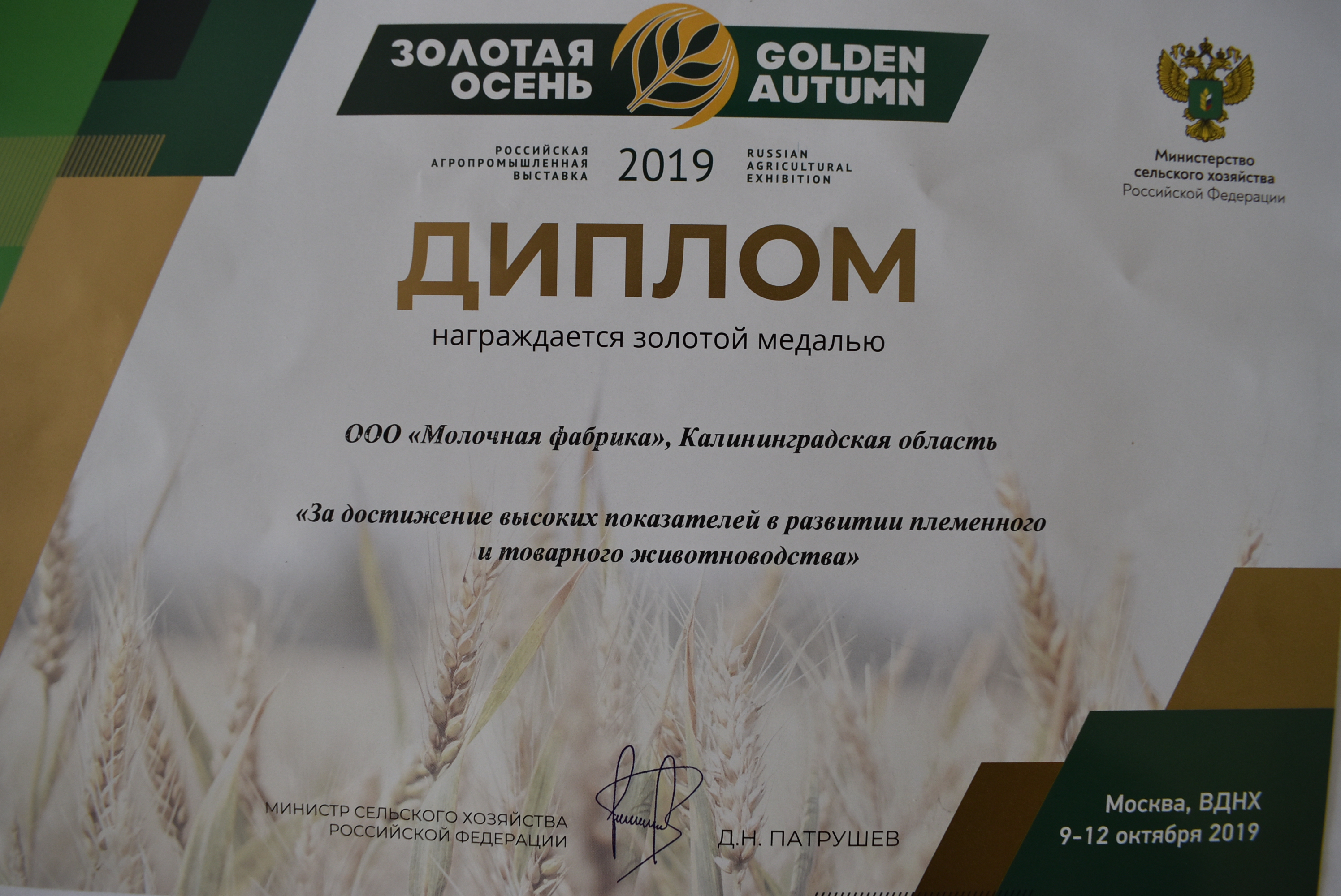 DAIRY FACTORY OF DOLGOVGROUP AGRICULTURAL HOLDING COMPANY WON THE GOLD MEDAL IN THE RUSSIAN COMPETITION